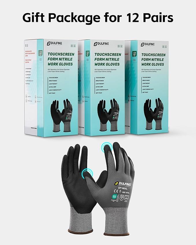 DULFINE Safety Work Gloves MicroFoam Nitrile Coated-24 Pairs Pack,Seamless Knit Nylon Glove with Black Micro-Foam Nitrile Grip,Ideal for General Purpose,Automotive,Home Improvement,Painting(XX-Large)