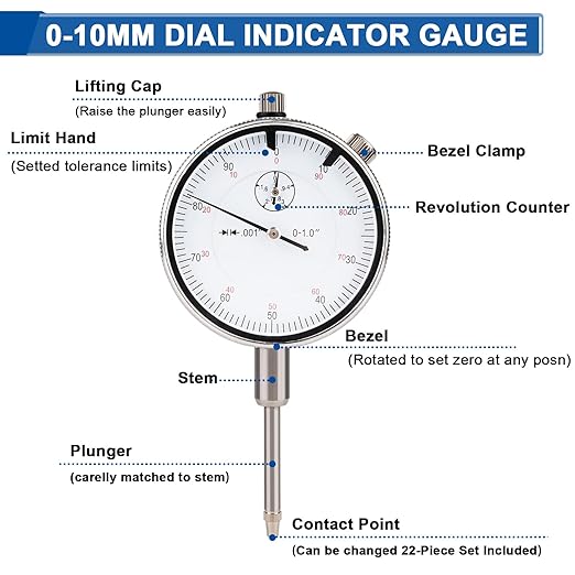 Dial Indicator with Magnetic Base, 0-1"×0.001" Precision Dial Test Indicator Set, Adjustable Long Arm Magnetic Dial Indicator Base Holder for Workshop, Lab & Mold Making