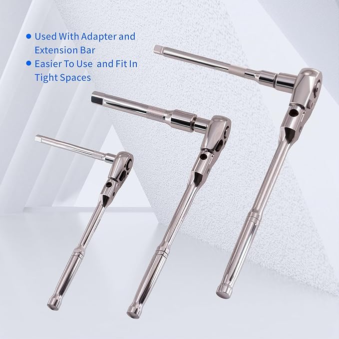 10 Piece Flex Head Ratchet Set, 1/4", 3/8" and 1/2" Drive Swivel Head Ratchet Wrench with Extension Bar and 4pc Adapter, 72-Tooth Flexible Wrench Handle with Quick-Release Reversible Design