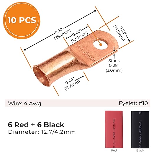 SELTERM 10pcs - 4 Awg - #10 Stud - Battery Lugs - Ring Terminal Connectors | with 12pcs 3:1 Black & Red Heat Shrink Tubing with Adhesive | Heavy Duty Battery Cable Ends - Bare Copper Wire Lugs Kit