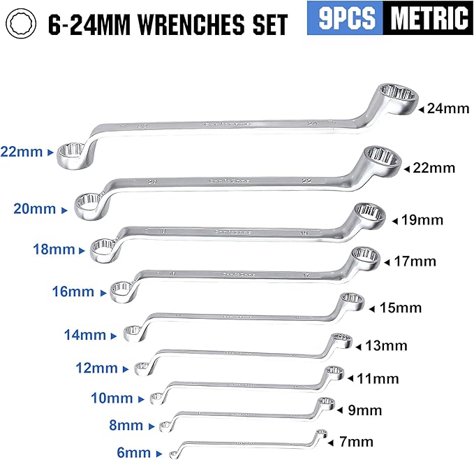 Ratchet Wrenches Set 9 PC Metric 6-24mm Ratcheting Wrench Set Double Offset Box End Spanner CR-V Steel with Rolling Pouch