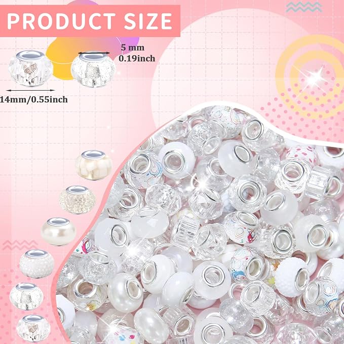 150Pcs Large Hole Beads Spacer Beads White Assorted European Craft Big Beads - Image 2