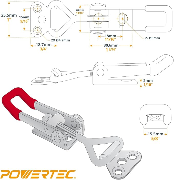POWERTEC 4PK Toggle Clamp, 220 lbs Holding Capacity, 4001 Adjustable Pull Action Latch for Smoker, Tool Box, Woodworking Jigs and Fixtures, Cabinet, Door (20311V)