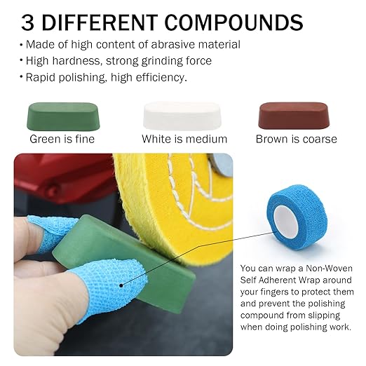 SCOTTCHEN 6inch Buffing Polishing Wheels 1/2" Arbor Hole,Soft/Fine/Medium for Bench Grinder-3PCS,with Buffing Polishing Cutting Compounds 7.4 Oz.Kit,with 2 Pack Non-Woven Bandage