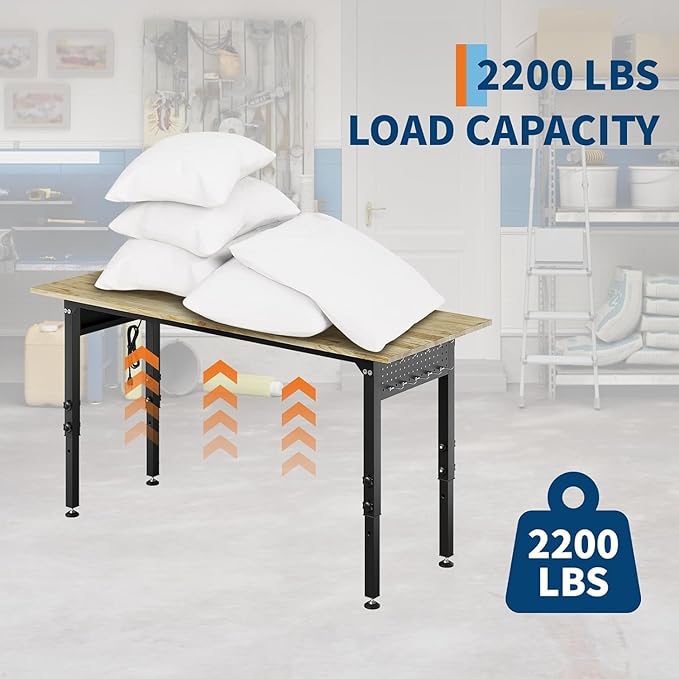 Adjustable Heavy Duty Wood Top Tool Bench Work Bench, 48'' Workbench with Power Outlet, 2000 Lbs Load Capacity Rolling Work Table with Wheels for Home Office Workshop Garage