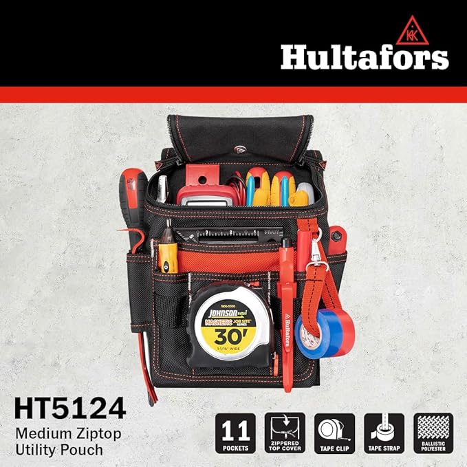 Hultafors Work Gear HT5124 Medium Ziptop Utility Pouch, Heavy Duty Ballistic Polyester, Double-Pull Zipper, Large Front Panel Pocket