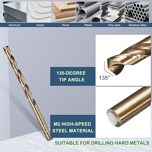METALLIXITY Drill Bit (#19) 12Pcs, M2 High-Speed Steel Micro Number Bits Spiral Flute 135°Point Tip Gold Finish for Stainless Steel Iron Copper Aluminum Hard Metal