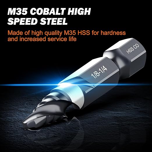 THINKWORK M35 Cobalt Spiral Flute Step Drill Bit, Single Size HSS Step Bit 1/4", Small Size EDC 1/4" Shank Step Bits for Metal, Carbon Steel, Stainless Steel, Wood, Plastic