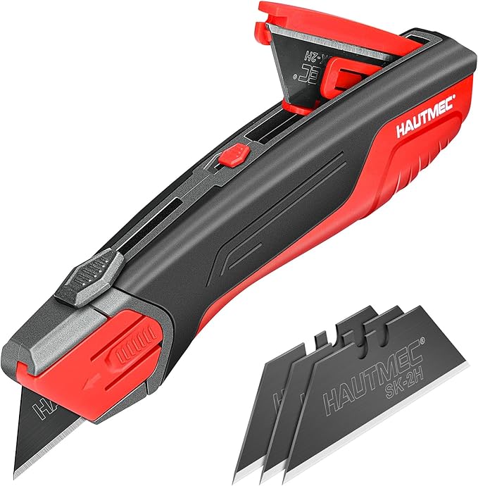 HAUTMEC Safety Self Retractable Utility Knife, Professional Heavy Duty Box Cutter With Extra 3 Black Sk2H Blades, Tool-free Blade Change, Safety Knife for Work HT0414-KN