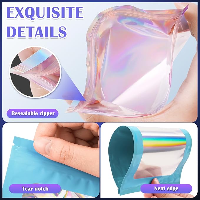 JETMORE 300 Pcs Mylar Bags, Smell Proof Bags Foil Pouch, Holographic Resealable - Image 5