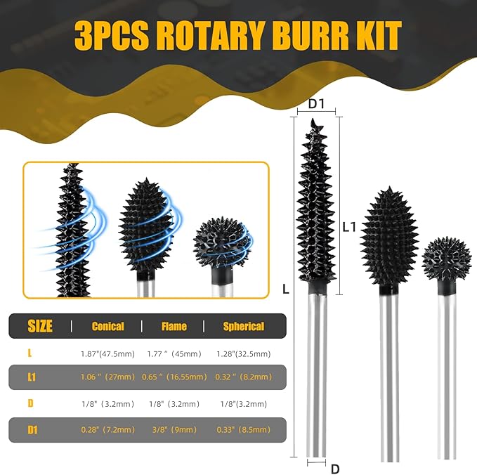 CAELUM 3 Pcs Rotary Burr Set, 1/8" Shaft Die Grinder Bits for Woodworking, Attachment for Dremel, Foredom, DeWalt, Milwaukee, Carving Burrs for Carving Engraving in Wood, Rubber, Plastic