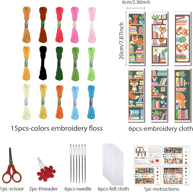FREEBLOSS 6 Set Cross Stitch Bookmark Kits Fox Bookshelf Pattern Stamped - Image 2