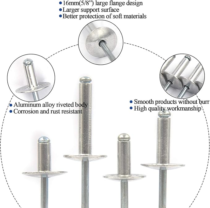 60pcs Large Flange Blind Rivets, Aluminum,Flange Diameter 5/8" (16 mm),Pop Rivets Assortment Kit Blind Rivet,3/16" x 1/2" Inch,Grip Range(4.8-8mm)