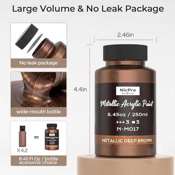 Nicpro Metallic Deep Brown Acrylic Paint, 8.45oz/250ml Craft Paint | Large Non - Image 3