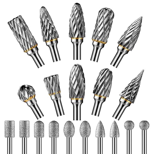 20pcs Carving Bits,10pcs Carbide Burr Bits+10pcs Diamond Drill Bits(1/8 in) Standard Cylindrical Shank for Woodworking,Engraving,Drilling,Glass,Metal,Rotary Tool Accessories