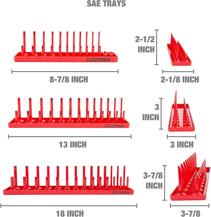 OEMTOOLS 22413 6 Piece SAE and Metric Socket Tray Set, SAE and Metric Socket Storage for Sizes 1/4", 3/8”, and 1/2" Drive, Socket Holders and Socket Organizer Tray for Toolbox, Red/Grey
