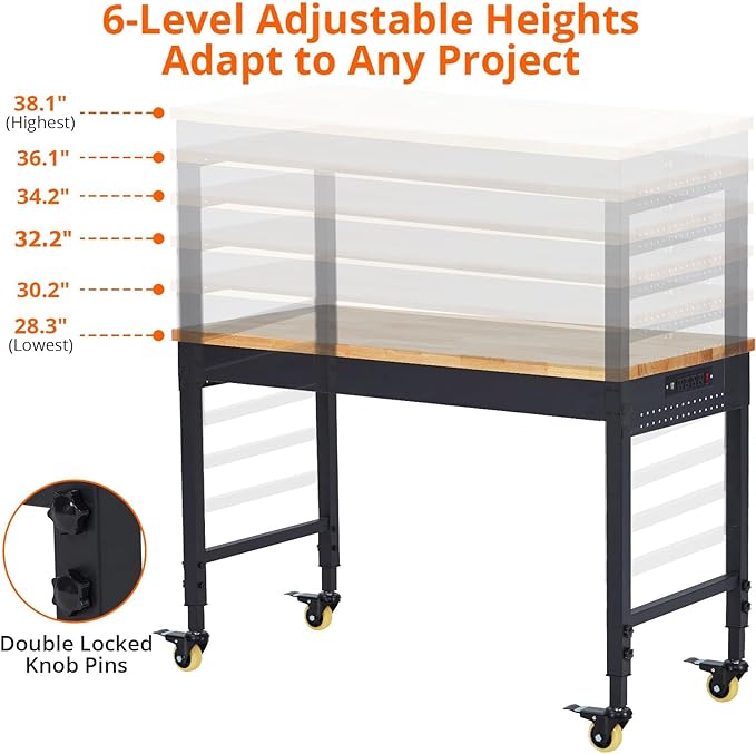 60'' Adjustable Workbench, Heavy Duty Workbench with Power Outlet and Lockable Wheels, 2000 LBS Capacity, Work Table Suitable for Office, Garage, Workshop
