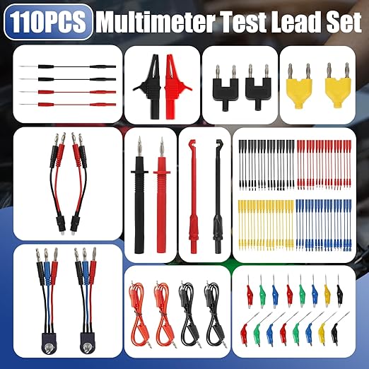 110 Pcs Automotive Circuit Test Lead Kit, Multimeter Test Leads Kit, Electrical Test Kit, Back Probe Kit Automotive, Relay Wire Connector Kit (with Black Carrying Case), Alligator Clips
