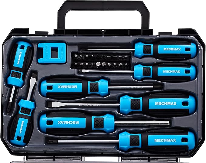 29Piece MECHMAX Magnetic Screwdriver Set with Assorted Bits Includes Phillips, Slotted, Star, Hex & Square Bits, Features Magnetizer/Demagnetizer & Storage Case, Hand Tool Kit for Home Repair