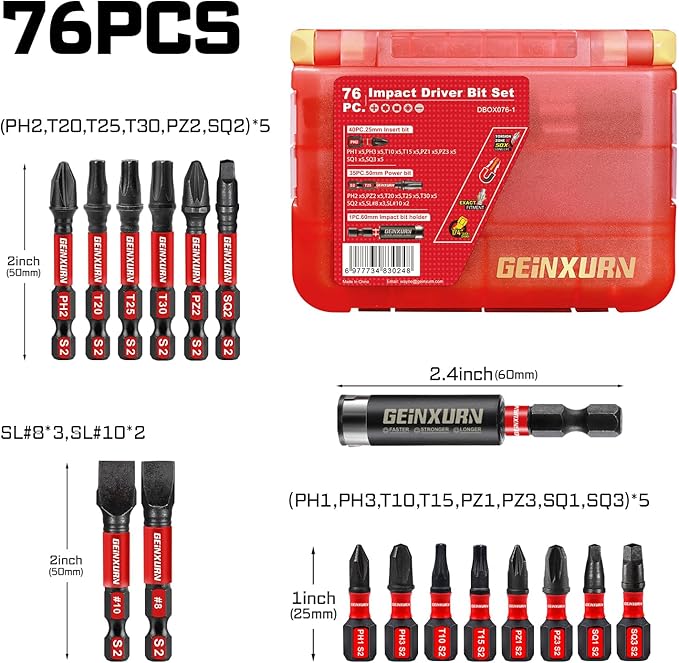 76 pieces Impact Screwdriver Bits Set, Magnetic S2 Steel Multi Insert Power Bits Tips with Impact Bit Holder with Storage Box（PH/TORX/SQ/PZ/SL）