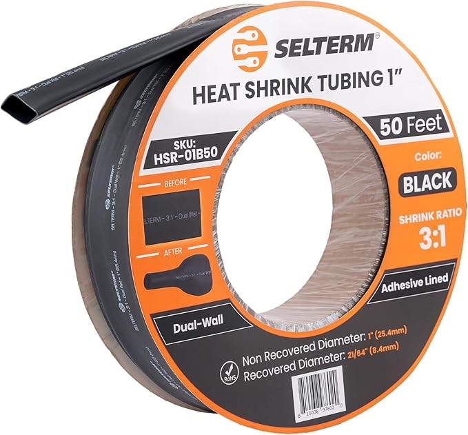SELTERM 1" Black [50 Feet] Marine Grade Heat Shrink Tubing Roll, 3:1 Ratio Dual Wall Adhesive Lined Waterproof Heat Shrink Wrap Tube, for Battery Cable Lugs Wire Terminals Connectors