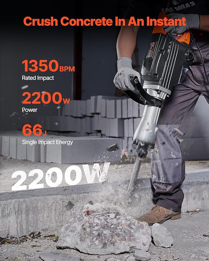 VEVOR Demolition Jack Hammer, 2200W Electric Jack Hammer Concrete Breaker, 1350 BPM Heavy Duty - 4pcs Chisels Bit with Case, Black
