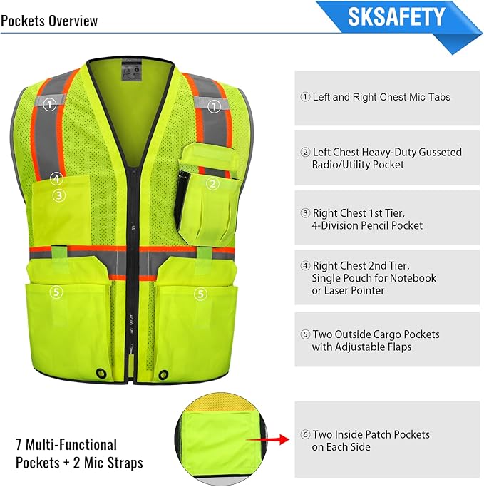 SKSAFETY 10 Pockets Professional Safety Vest - Class 2 High Visibility Vest, Hi Vis with Reflective Strips - ANSI/ISEA Standard, Construction Work Vest (Lime, 2XL)