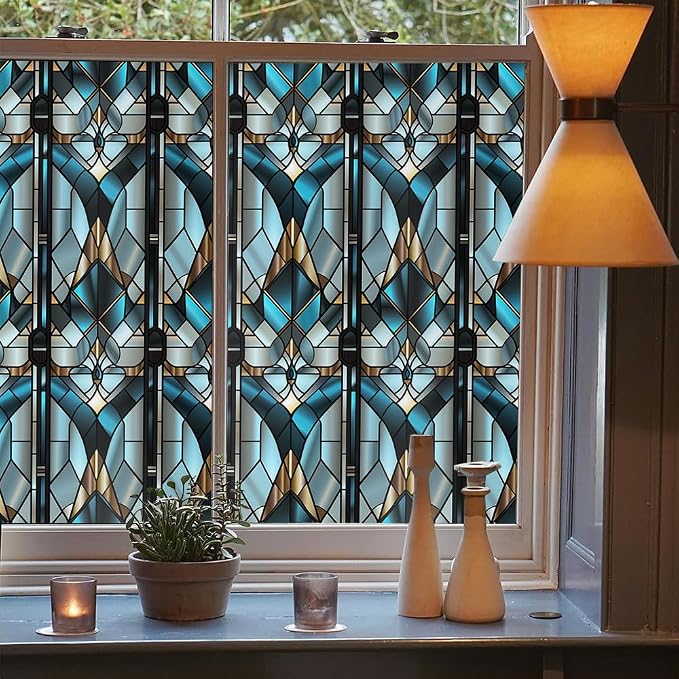 Grey Blue Geometric Modern Stained Glass Window Films Decorative Double-Side - Image 3