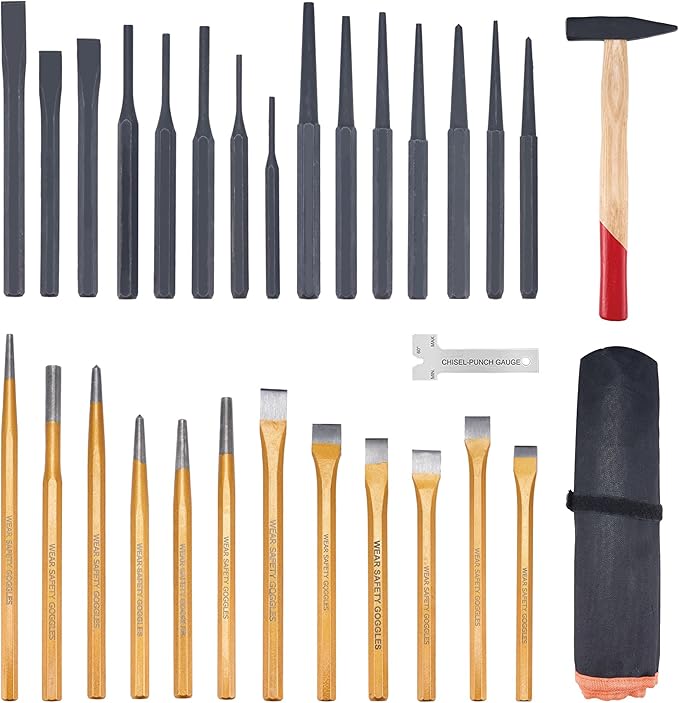 29-Piece Punch and Chisel Set with Cross Peen Hammer, Heavy Duty Punch and Chisel Set – Includes Cold Chisels, Taper Punches, Pin Punches, Center Punches & Roll-Up Pouch (29pcs)