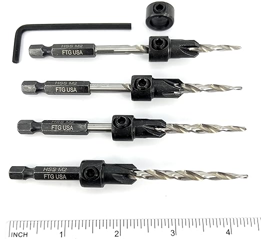 FTG USA Adjustable Wood Countersink Drill Bit Set 4 Pc #10 (3/16") with Tapered Drill Bit for Woodworking