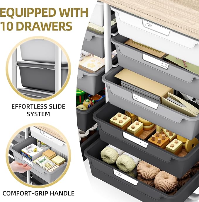10 Drawers Rolling Cart with Wooden Tabletop, Utility Storage Cart with Wheels - Image 4