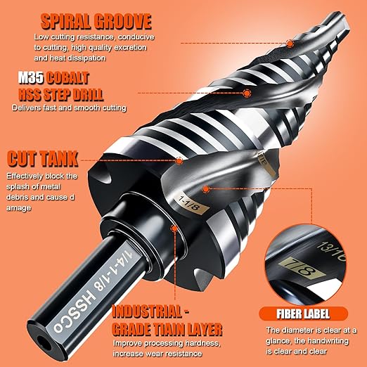 Four Spiral Flute Step Drill Bit for Metal,M35 Cobalt Unibit Step Drill Bit Set 1/4" - 1-1/8"(15 Sizes),Wear-Resistant AlTiN Coated,3/8" Hex Shank for Metal, Stainless Steel, Aluminum, Plastic