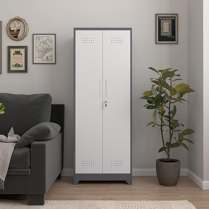 Broom Storage Cabinets, 65" Tall Broom Closet with Hanging Rod, Utility Closet Storage Cabinets with Doors and Shelves, Cleaning Tool Cabinet for Utility Room, Bathroom