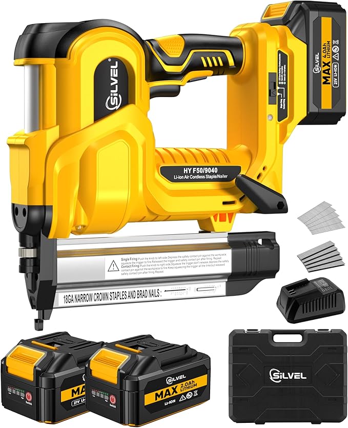 SILVEL 2" Cordless Brad Nailer, 2-in-1 21V Electric Brad Nailer with 2 * 2.0Ah Battery, 1000pcs Nails, 18GA Staples, Adjustable Depth for Woodworking, Home Improvement, yellow