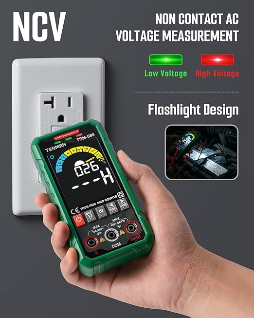 TSM-599 Smart Digital Multimeter, TRMS 6000 Counts, Voltage Tester, Volt Meter with NCV, DC/AC Voltage&Current, Resistance, Continuity, Diode, Capacitance, Hz%, Temperature, Live Wire - Green