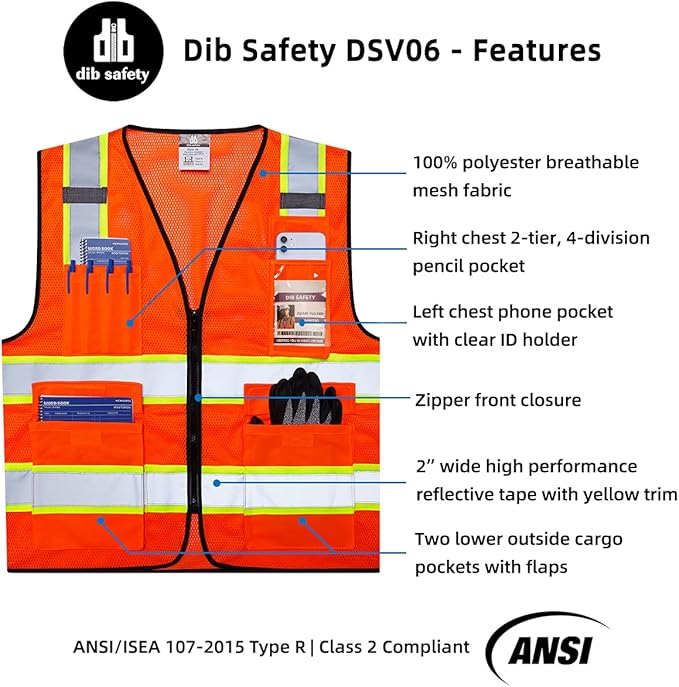 Dib Safety Reflective Mesh Vest High Visibility Two Tone with Pockets and Zipper, ANSI Class 2 Compliant, Orange Mesh with Yellow Trim 2X