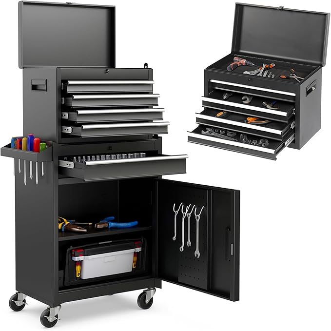 Rovibek Rolling Tool Chest, 5-Drawer Rolling Tool Box with Wheels,Detachable Top Box, Metal Tools Box for Garage Workshop Warehouse, Heavy-Duty Tool Storage Cabinet, Black
