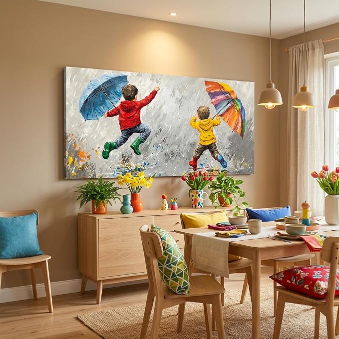 ZESTRILIA Joyful Kids Playing in Rain Canvas Wall Art, Rainbow Umbrella - Image 4