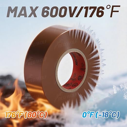 RED WOLF 10 Pack Brown Electrical Tape 3/4 Inch x 66 Ft Industrial Grade UL/CSA Listed 7 Mil Thick Flame Retardant High Temp Waterproof Electrical PVC Tape Electric Super Vinyl Rated 600V