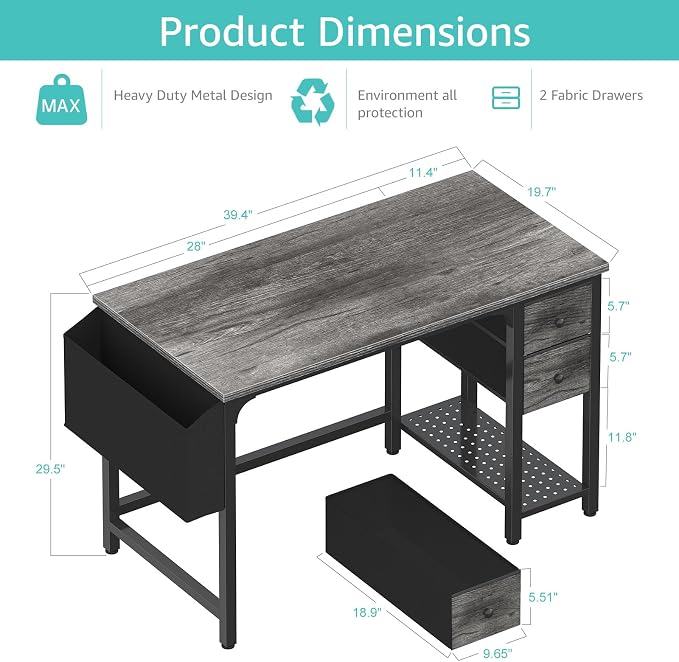 Lufeiya Computer Desk with Fabric Drawers, 40 Inch Gaming Desk - Image 3