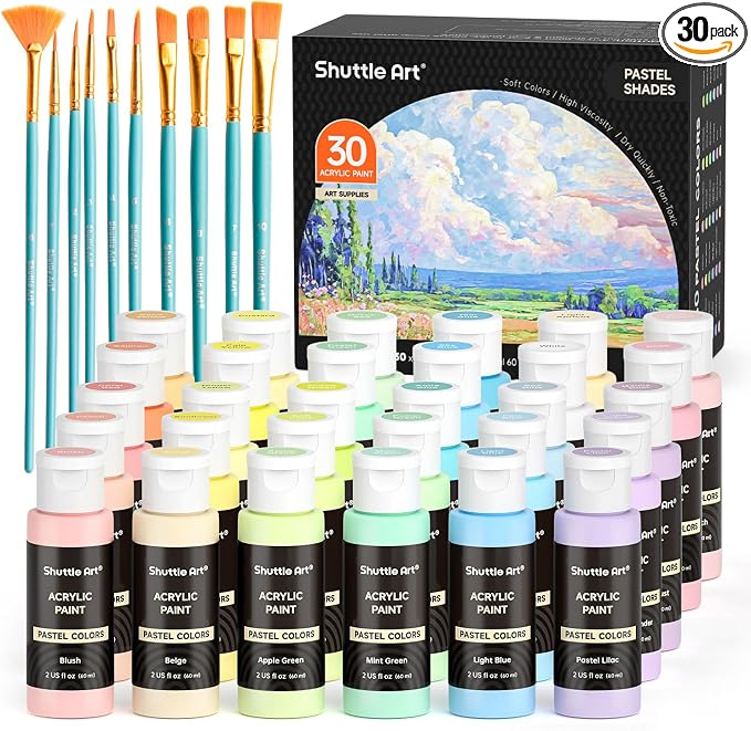 Shuttle Art 40 Pack Pastel Acrylic Paint Set, 30 Colors, 60ml/2oz Bottles by ShuttleArt