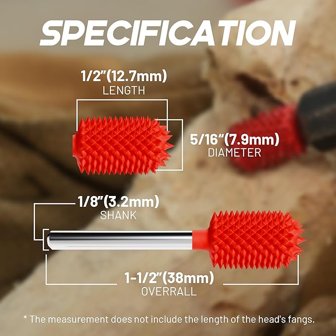 EZARC Tungsten Carbide Rotary Burr, 1/8’’ Shaft Ball Nose Tip Wood Carving Bit, Very Coarse Engraving & Material Removal Tool with Storage Case