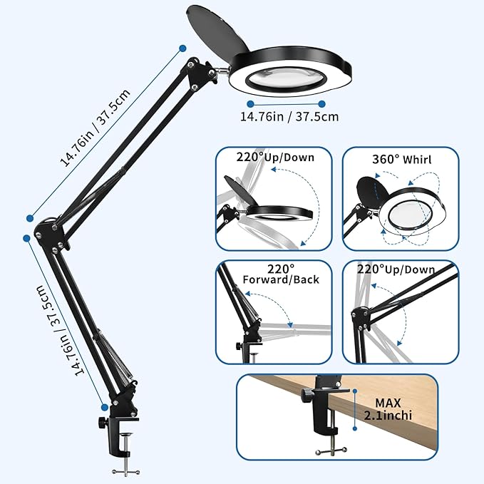 15x Magnifying Lamp with Remote & Dust Cover, Long Arm Hand Free Magnifying Glass with Light and Clamp Stand 5 Color Dimmable LED Desktop Magnifier Lamp with Light for Read Craft Hobby Close Work