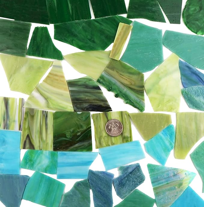 Lanyani Green Mixed Stained Glass Scrap Pieces Sheets, Glass Mosaic Tiles - Image 3