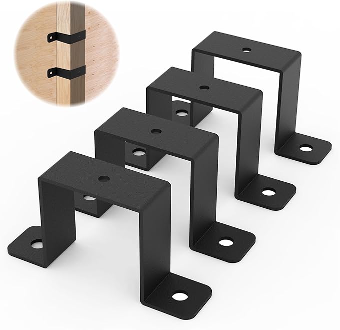 4Pcs Square Pipe Clamp, Black Strap Post Ties Brackets, U Shaped Connector Bracket, Wood Deck Fence Post Tie for Water Pipes, Balcony Railing, Stairs Railing