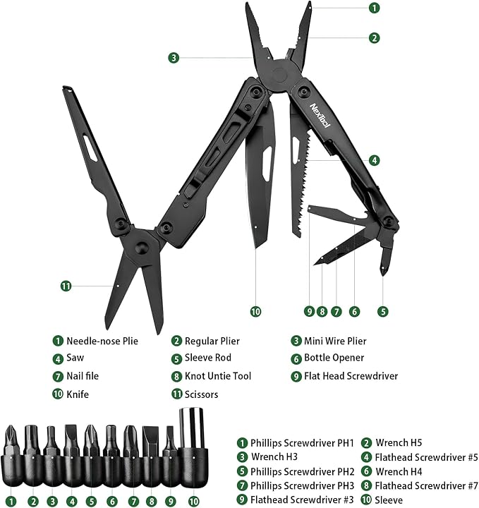 NexTool Multitool, 11 in 1 Multi Tool with Needle Nose Pliers, Scissors and Screwdriver Bits, Stainless Steel Multi Tool Pocket Knife with Safety Locking for Camping,Fishing,Hiking, Mens Gifts Unique