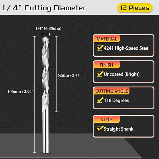Drill Bit, 1/4" Cutting Diameter, 4241 HSS 118° Cutting Angle Uncoated Bright Versatile Jobber Bits - (Applications: for Drilling Plastic Wood Soft Metal), 12-Pieces