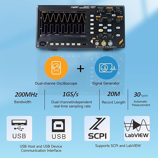 OWON Oscilloscope, OWON SDS220S Digital Oscilloscope 200MHz Bandwidth 2+1 Channel 1GSa/s Sample Rate with 25MHz Waveform Generator 7 inch LCD Display