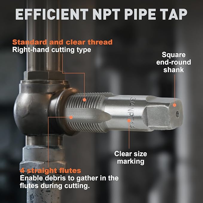 6-Piece NPT Pipe Tap Set, 1", 3/4", 1/2", 3/8", 1/4", 1/8" Taps Threading Tool, Precision Carbon Steel Tap Set Metric and Standard for Clean and Re-Thread Damaged or Jam Pipe Threads in Storage Case