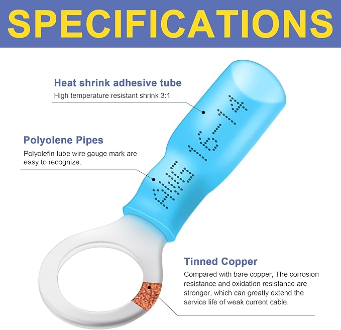 haisstronica Crimping Tool for Heat Shrink Connectors with 260PCS Marine Grade Heat Shrink Ring Connectors of Tinned Red Copper AWG 22-10